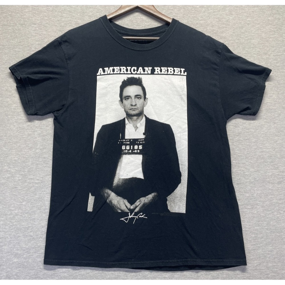 Johnny Cash American Rebel T Shirt Men Large Black Mug Shot Graphic Print Cotton